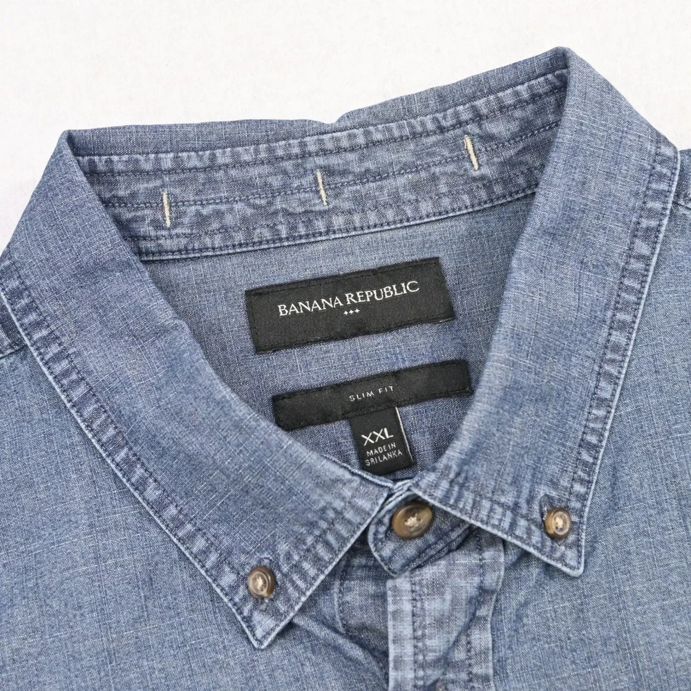 Banana Republic Button Up Mens‎ XXL Slim Fit Blue Chambray Short Sleeve Shirt
